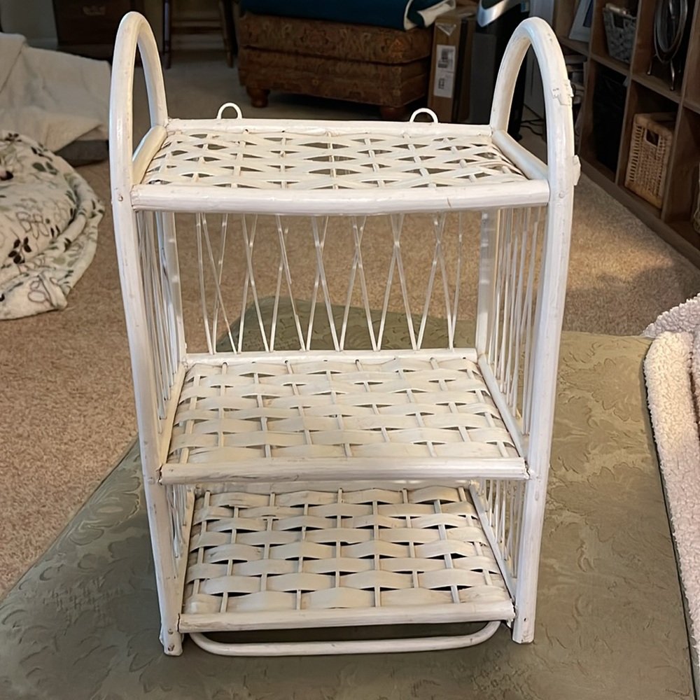 Vintage White Wicker Rattan 3 Tier Wall Shelf with Towel Bar-Boho MCM